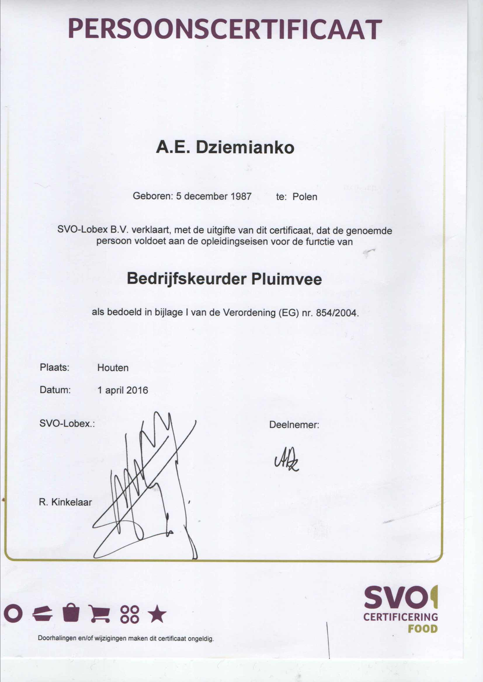 Persoonscertificaat Bedrijfskeurder Pluimvee — A.E. Dziemianko